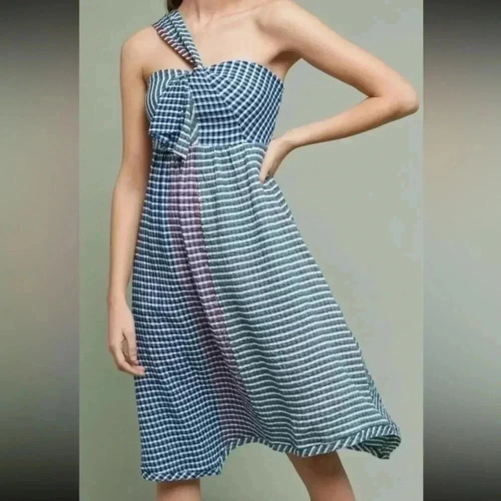 Anthropologie Maeve Bohemian One Shoulder Gingham Waverly Plaid Dress Size 2 XS
